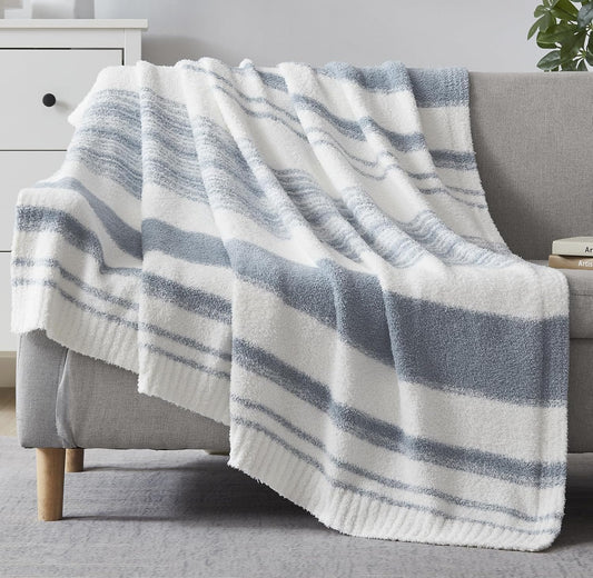 WRENGONGE Grey Blue Throw Blanket, 50x70 Soft Cozy Striped Throw Blankets for Couch, Sofa, Bed, Travel, Lightweight Fluffy Warm Plush Decorative Blankets for Women, Men,Kids Gift