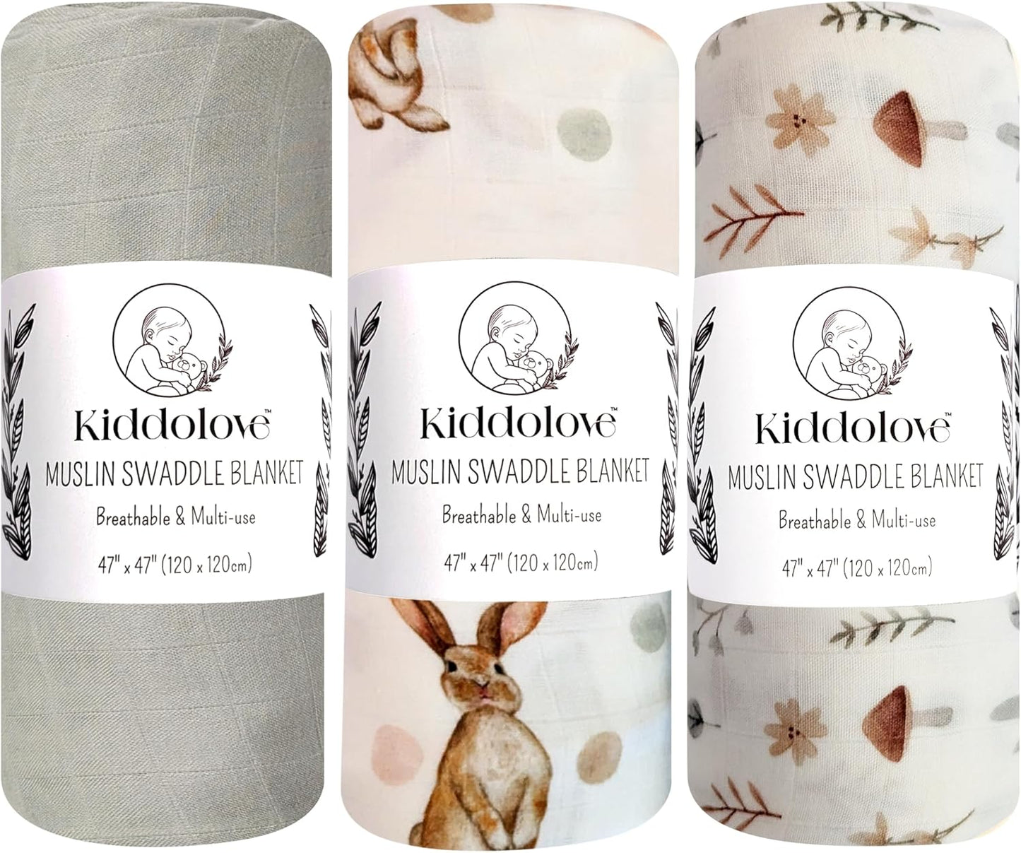Muslin Swaddle Blankets for Newborn – 3 Pack Large 47"x47" Receiving Blankets – Soft, Breathable & Gentle – Unisex Forest Theme