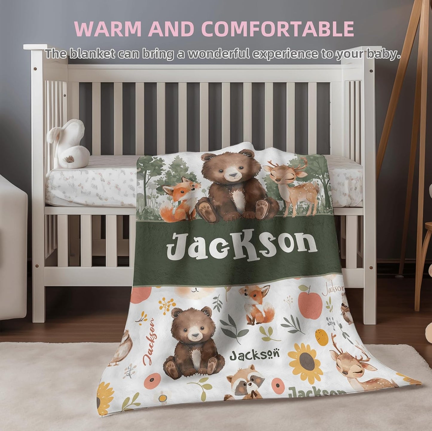 Woodland Animals Personalized Boy Baby Blanket, Custom Baby Throw Blanket with Name for Newborn Son Daughter Grandson Granddaughter Toddler Birthday Bed Blanket