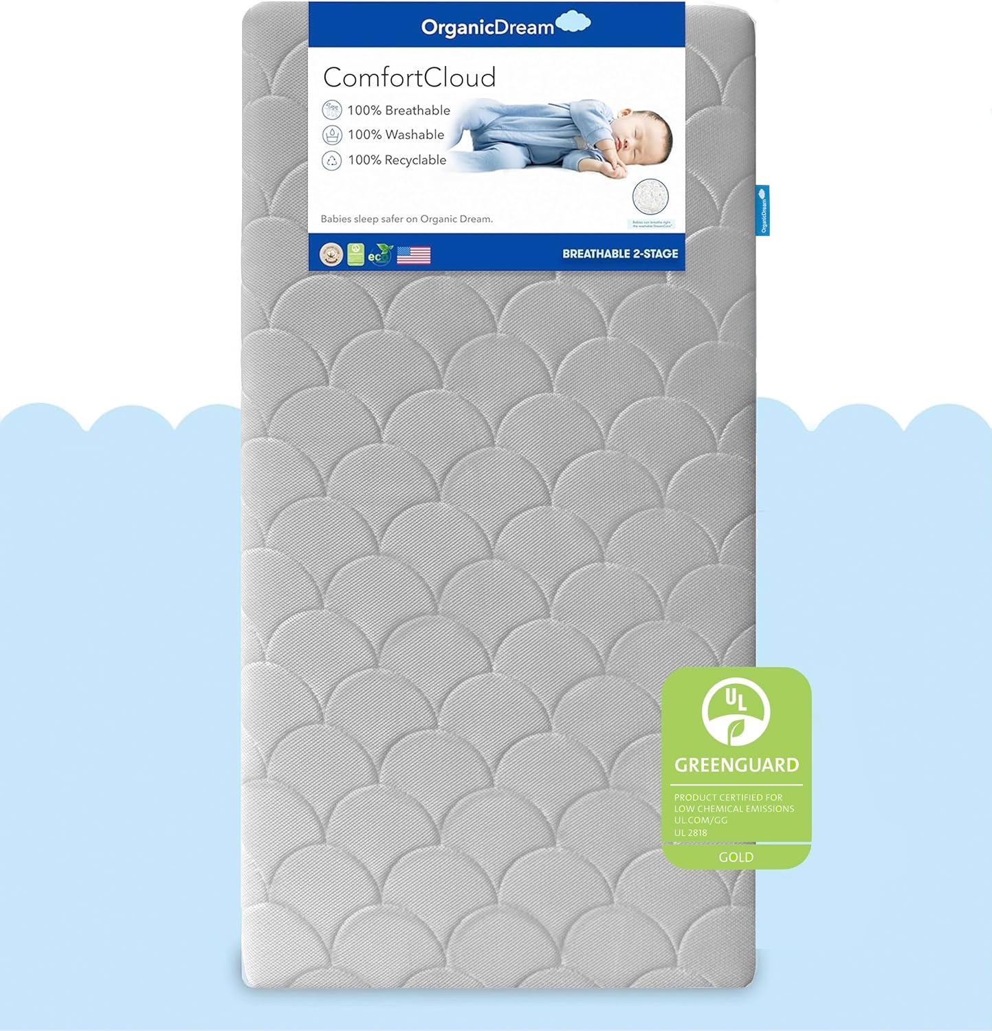 ComfortCloud 2-Stage Crib & Toddler Mattress in Moon Grey I 100% Breathable Proven to Reduce Suffocation Risk, 100% Washable, 2-Stage, GreenGuard GOLD Certified, Removable Cover - Deluxe 5" Thick
