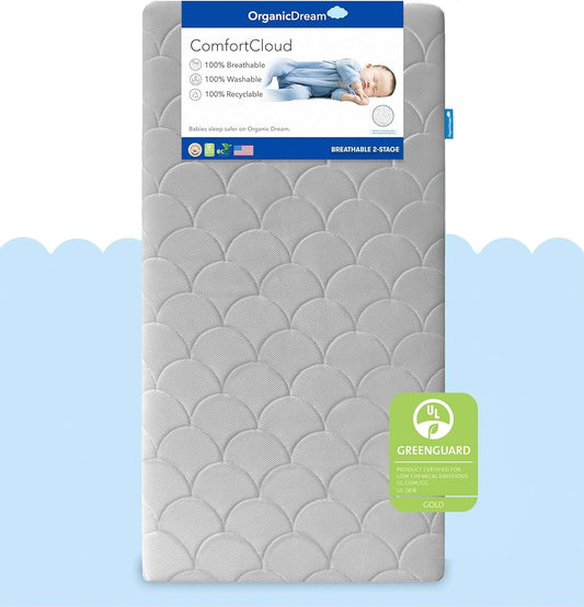 ComfortCloud 2-Stage Crib & Toddler Mattress in Moon Grey I 100% Breathable Proven to Reduce Suffocation Risk, 100% Washable, 2-Stage, GreenGuard GOLD Certified, Removable Cover - Deluxe 5" Thick