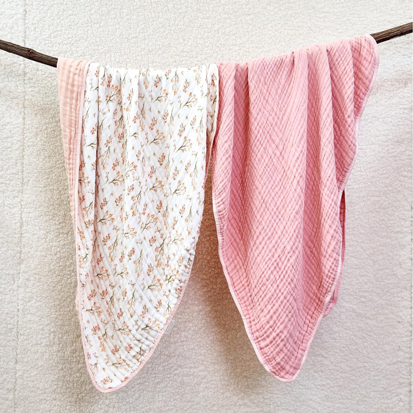 Pack of 2 Ultra Soft Muslin Baby Blankets for Girls Boys Breathable Lightwight Cotton Muslin Swaddle Blankets for Infant Toddler Newborn Nursery Swaddling Wrap 43"X43" (Floral and Pink)
