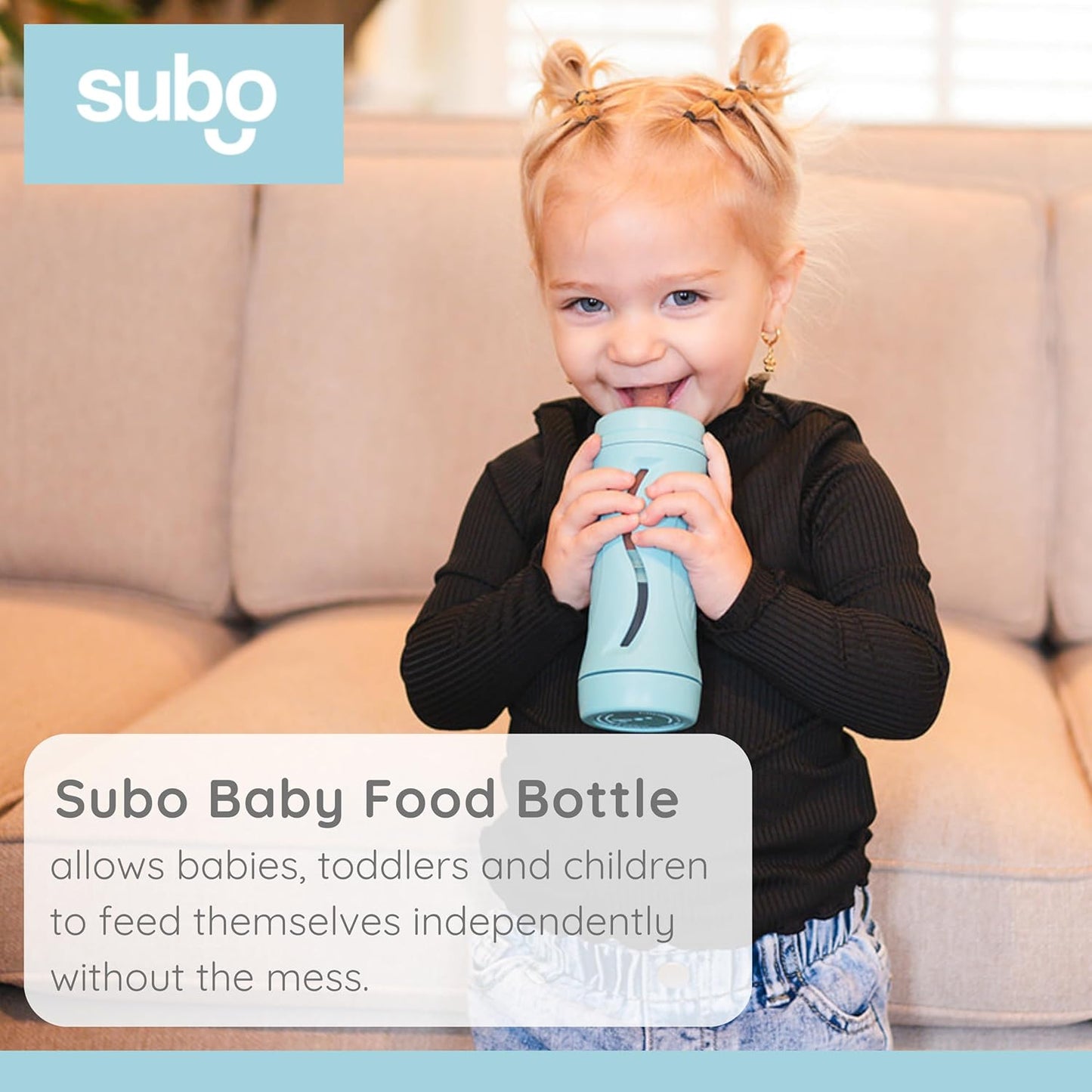 Subo Baby Food Bottle Starter Set | No Mess Baby Toddler Self Feeder | Squeeze Free Design for Purees, Smoothies, Yogurt, Oatmeal, or Thickened Liquids | Reusable Silicone Washable Cup (Aqua)