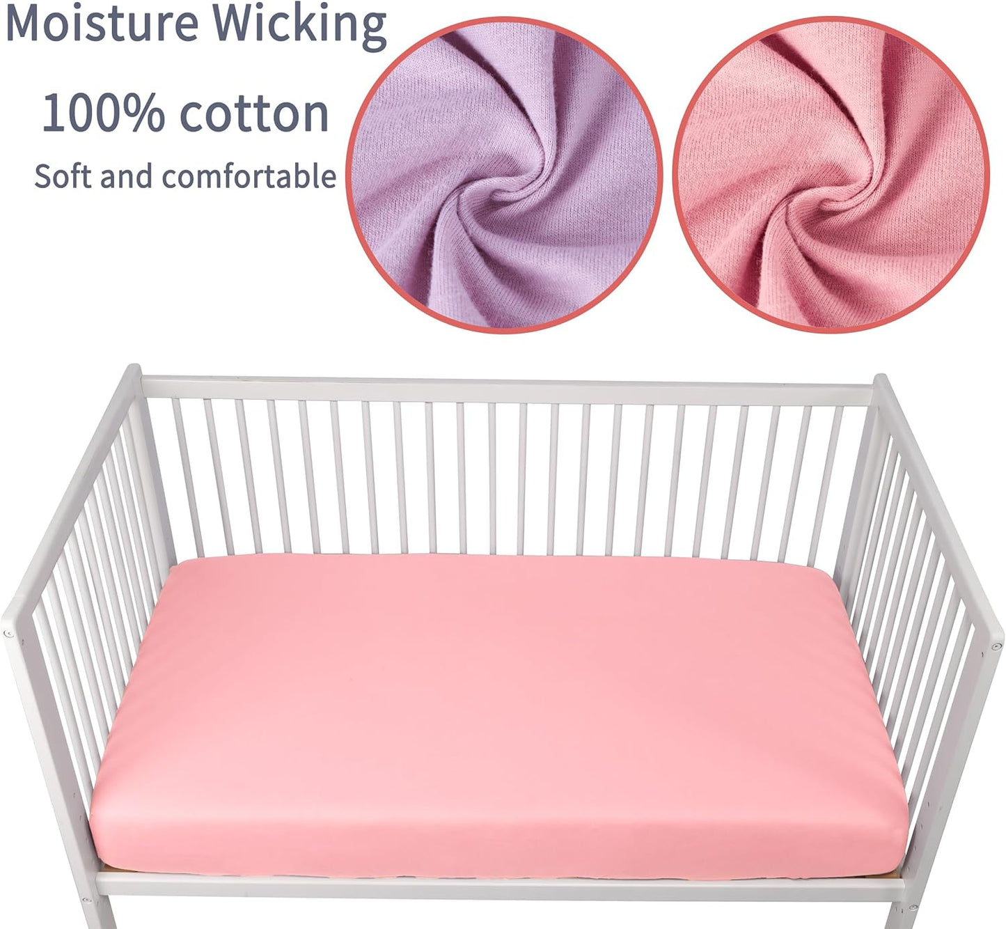 Crib Sheets for Boys Girls,100% Cotton Fitted Crib Sheet 2 Pack for Standard Crib and Toddler Mattress, Super Soft Breathable Baby Sheet 28x52x8in (Purple & Pink)