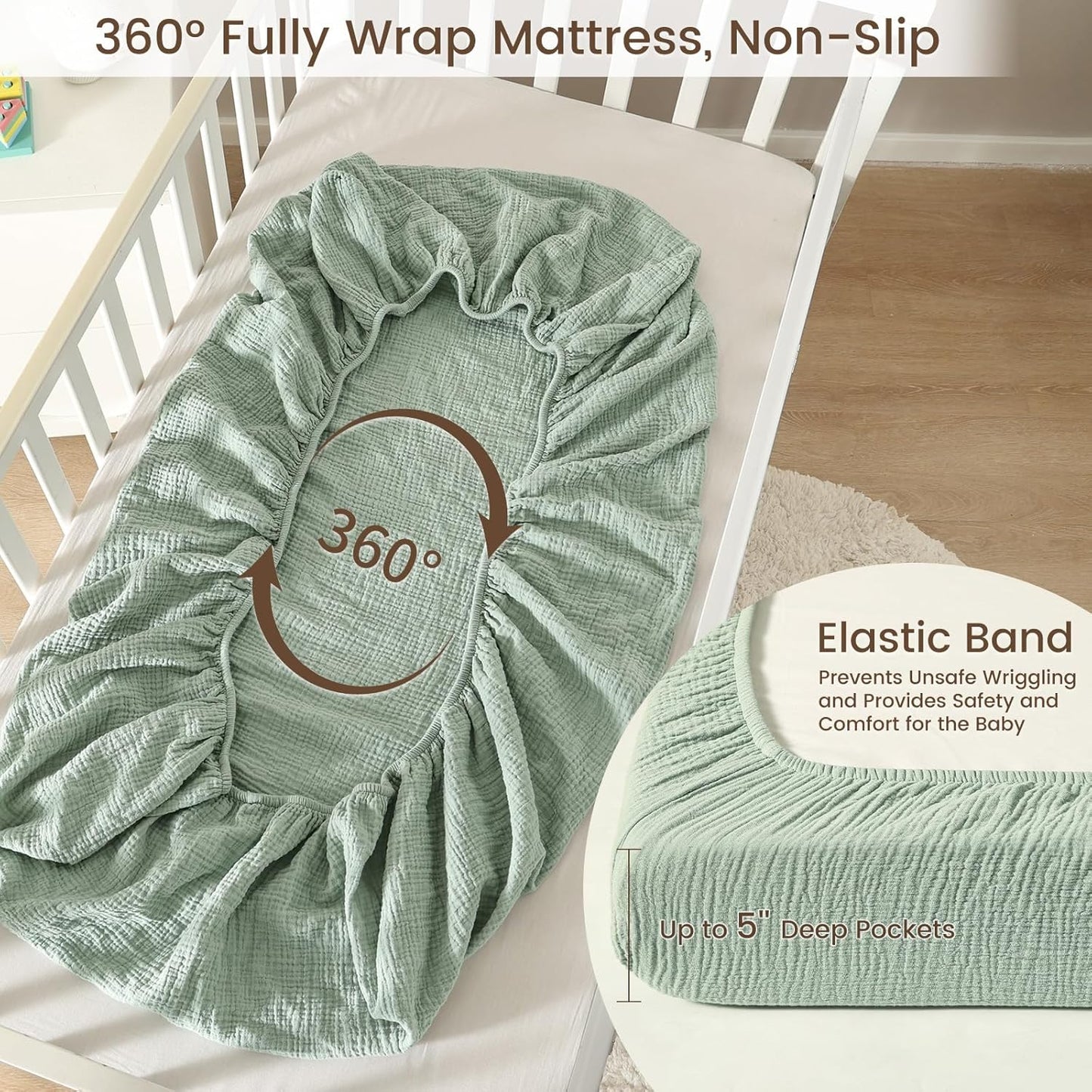 david's kids Muslin Mini Crib Sheets, 2 Pack Cotton Pack N Play Sheets for Boys Girls Neutral, Soft Breathable Baby Sheets Fit Pack N Play, Playard and Mini Crib Mattresses, Light Gray & Sage Green