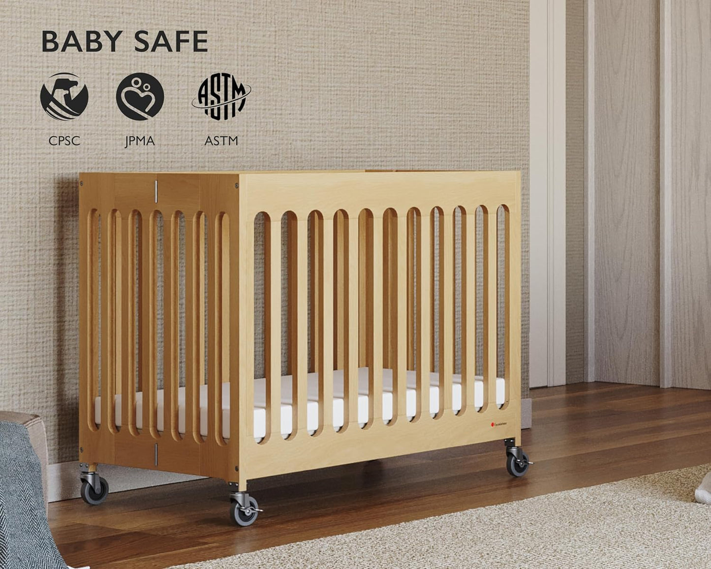 Foundations Boutique Folding Mini Baby Crib - Compact, Portable, Wooden Hotel Crib, Foldable Mini Cribs for Baby & Toddlers - Includes 3" Foam Mattress - Natural