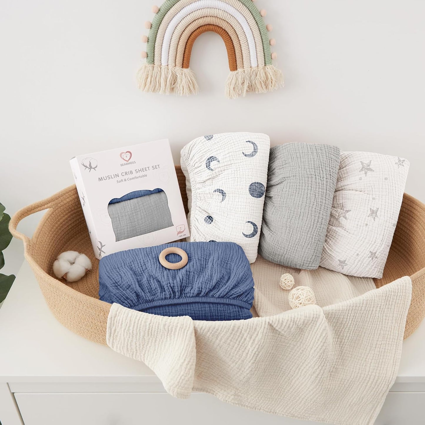 Bearmoss Muslin Mini Crib Sheets for Pack N Play Mattress - 100% Cotton - 38"x24" Soft Breathable Playard Baby Crib Sheets Neutral for Boys Girls - 2 Pack (Blue Elephant)