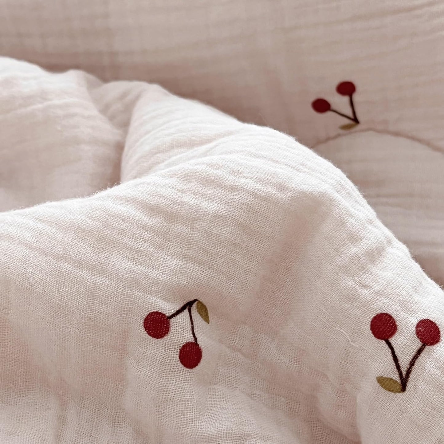 BuLuTu Cotton Muslin Kids Toddler Pillowcase Cherry Pattern, Soft Travel Pillow Ruffle Edge Nursery Pillow Case for Boys Girls, Bedding Decor, Durable Pillowcases 14"x20", 1 Piece