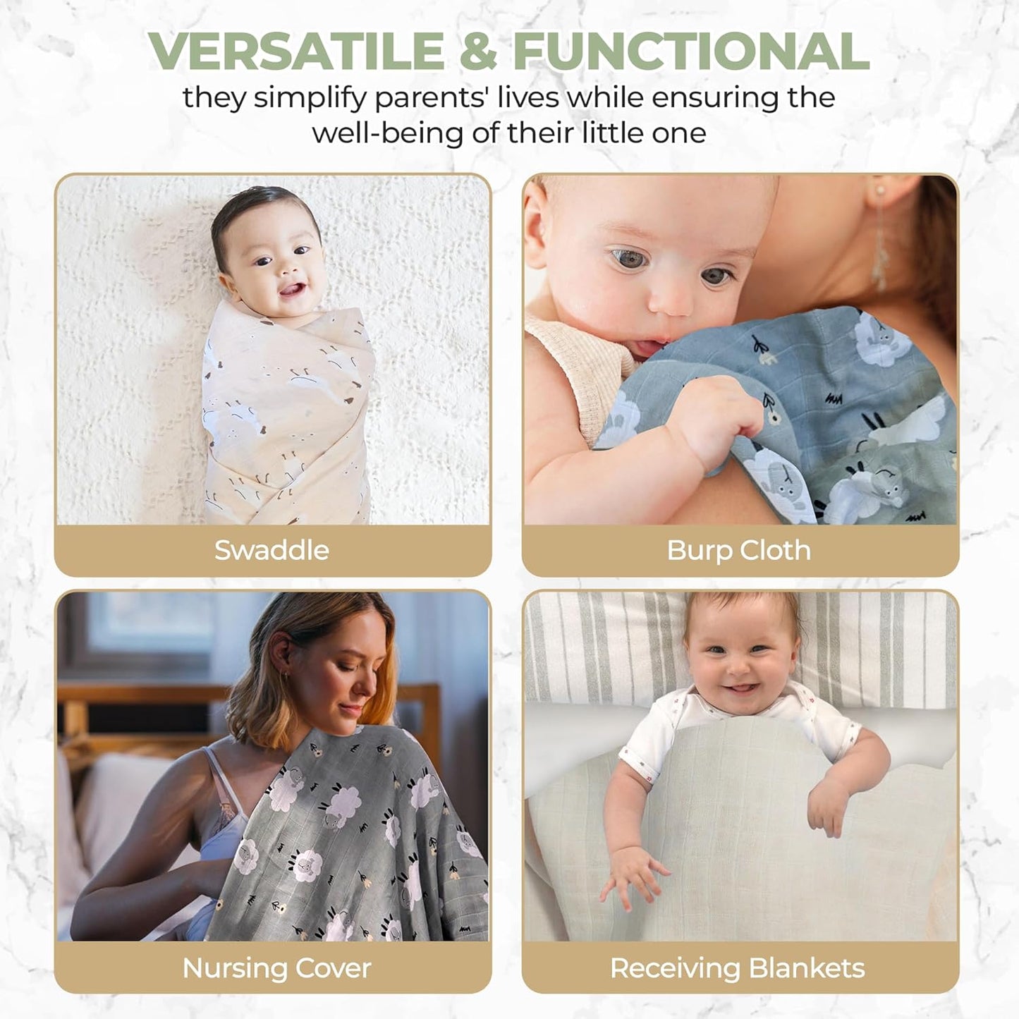 Muslin Swaddle Blankets for Newborn – 3 Pack Large 47"x47" Receiving Blankets – Soft, Breathable & Gentle – Unisex Little Farm