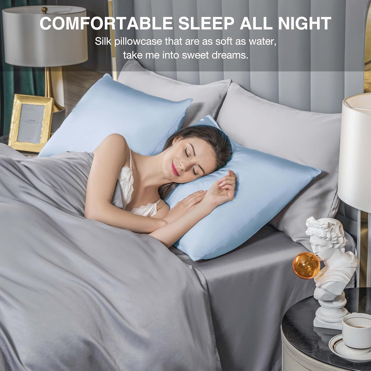 Mulberry Silk Pillowcase for Hair and Skin,Cooling Silk Pillow Case with Hidden Zipper,Allergen Proof Dual Sides Soft Breathable Smooth Silk Pillow Cover for Women (Light Blue,Standard)