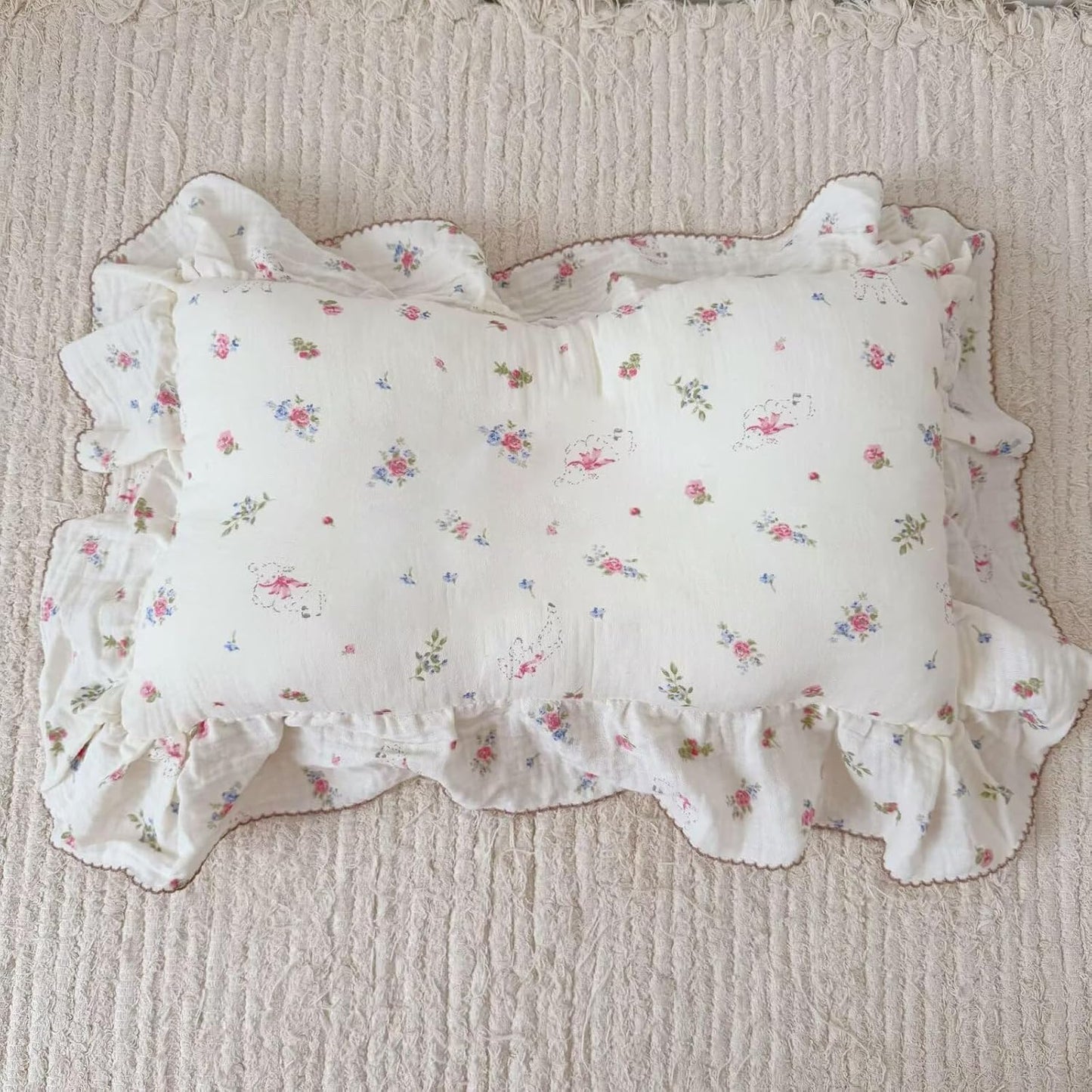 BuLuTu 100% Cotton Standard Pillow Case for Kids, 1 pc, 20"x26", Pink Floral Sheep Design Pillow Cover Muslin Gauze Pillow Protector for Children Girls Boys Bedding Gift, Envelope Closure