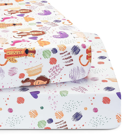 TILLYOU Baby Crib Sheets for Boys Girls, Super Soft Toddler Bed Sheets, 2 Pack Sheets for Standard Crib Mattress 28x52in, Animal Graffiti