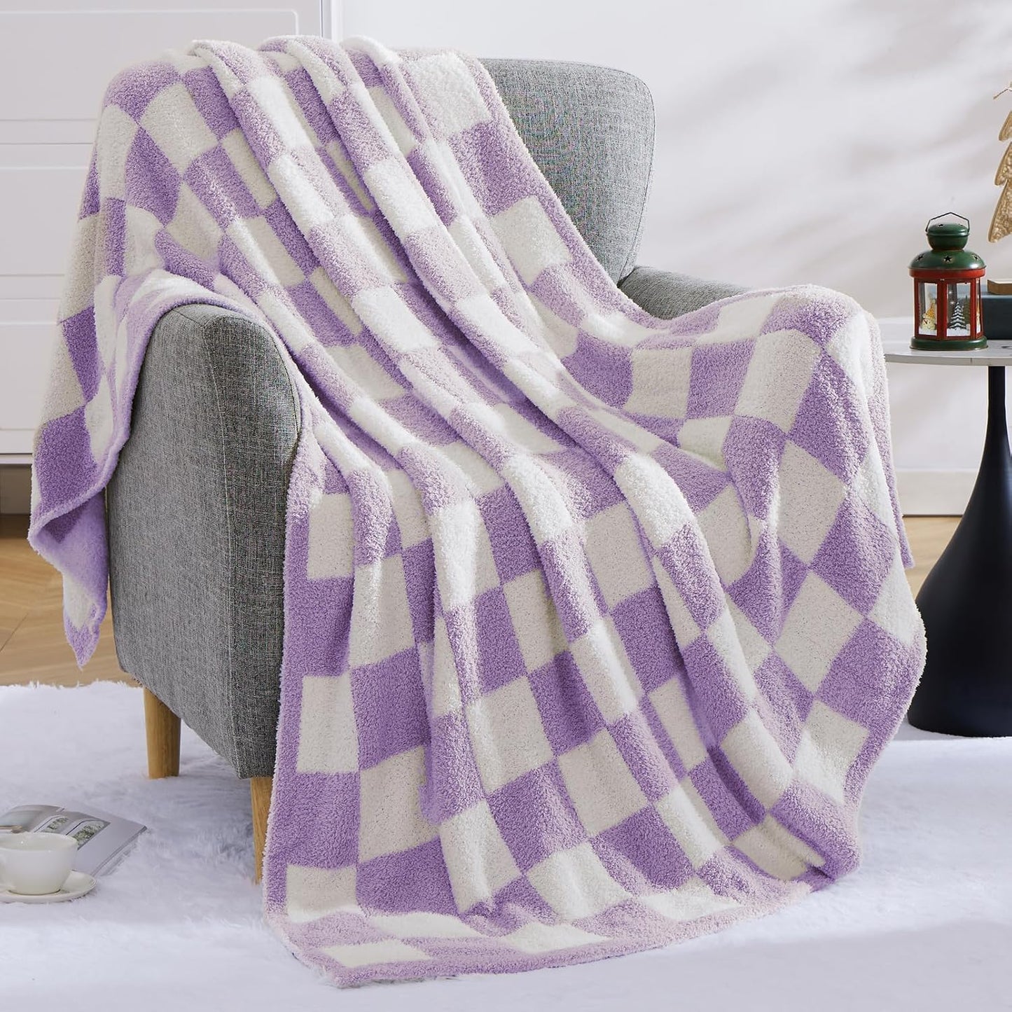 WRENSONGE Checkered Throw Blanket, Purple Soft Cozy Fluffy Warm Hand Made Throw Blankets for Couch, Sofa, Chair, Bed, Camping, Picnic, Travel Lightweight Bed Blanket - 60"*80"