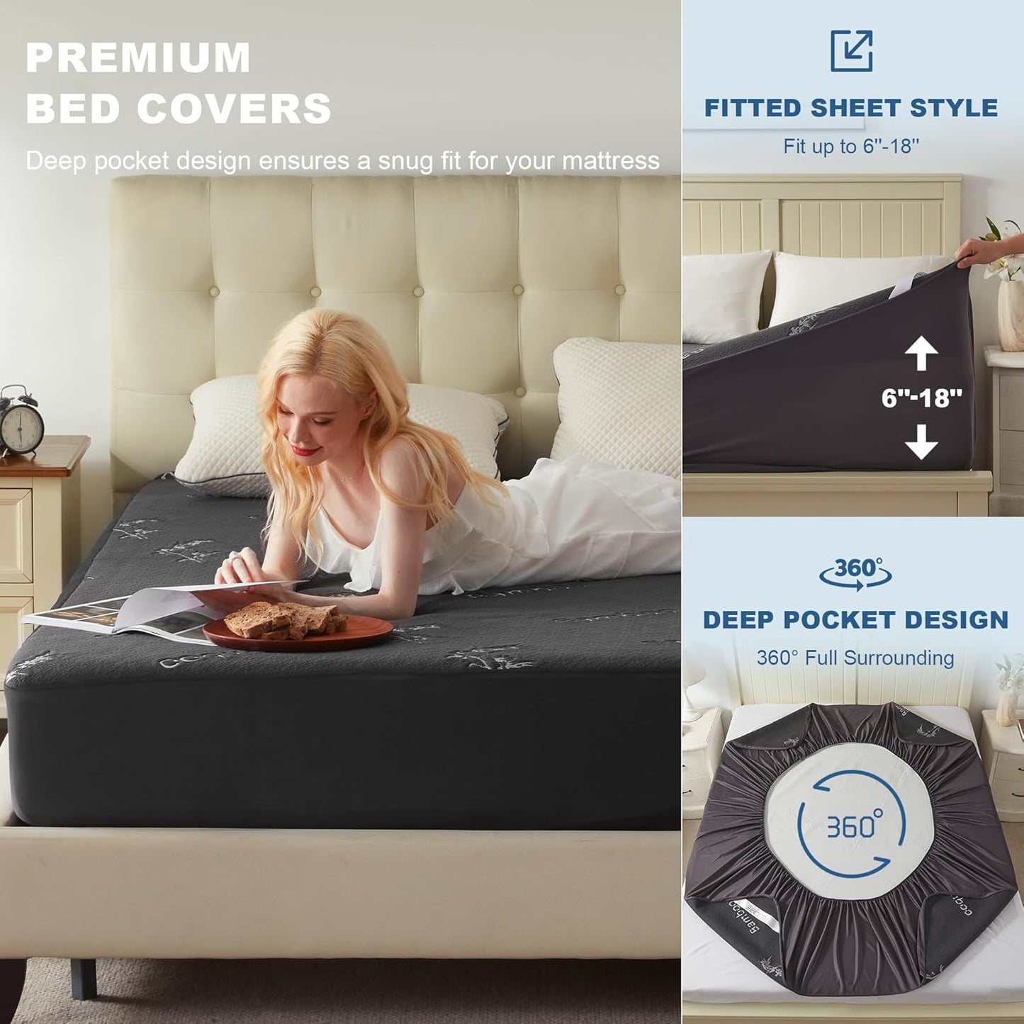 BEDLORE King Size Mattress Protector Waterproof, Mattress Pad Fitted 6-18 Inch Deep Pocket, 3D Air Fabric Soft Double Bed Mattress Cover Noiseless Washable for Bedroom, Hotel, Gray