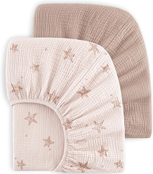 Bearmoss Muslin Crib Sheets - 100% Cotton Baby Crib Sheets Fitted for Standard Crib Mattress & Toddler Bed Mattress 52"x28" Soft Breathable Crib Sheet Neutral for Boys Girls - 2 Pack (Pink Star)