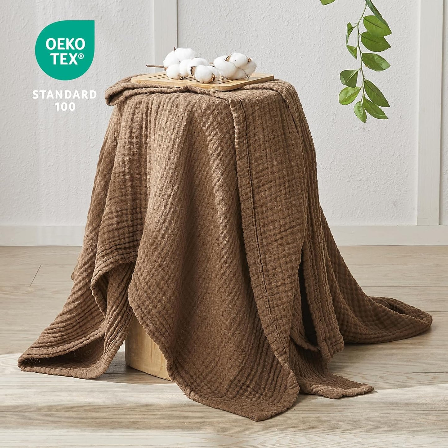 EMME Cotton Muslin Queen Blanket Bed Layering Breathable Gauze Blanket Soft Lightweight Blankets Adults (Brown, 90"x90")