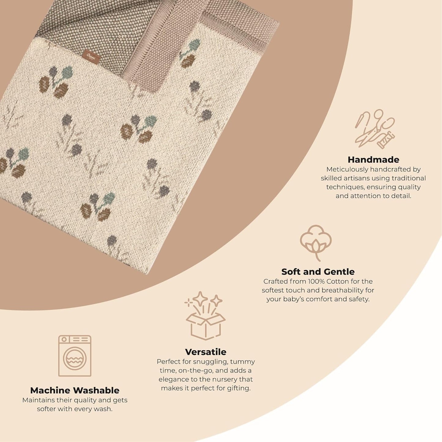 Crane Baby 100% Organic Cotton Knit Baby Blanket with Poppy Design, Soft Reversible Stroller and Crib Blanket, Gender Neutral Multicolor Bohemian