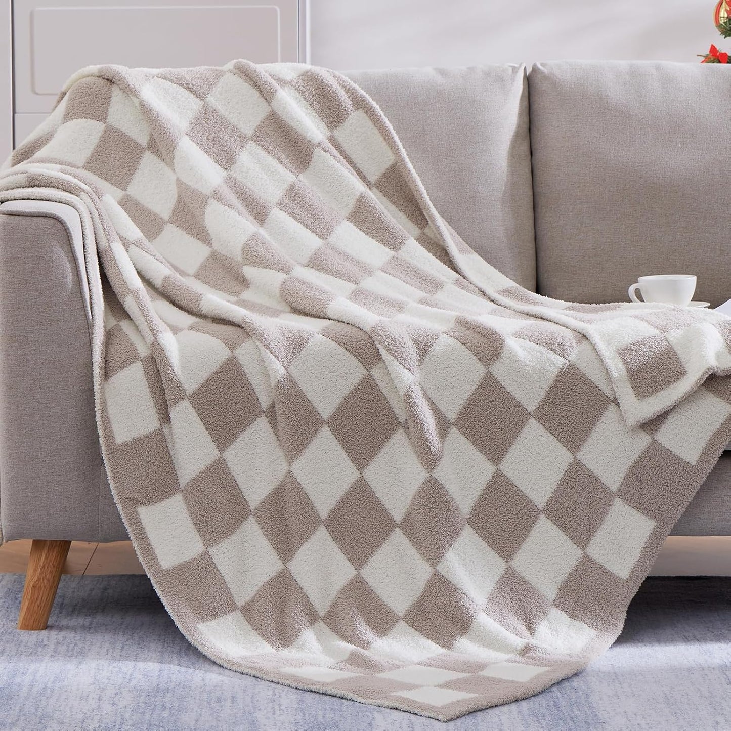 WRENSONGE Checkered Throw Blanket, Taupe Soft Cozy Fluffy Warm Hand Made Throw Blankets for Couch, Sofa, Chair, Bed, Camping, Picnic, Travel Lightweight Bed Blanket - 60"*80"