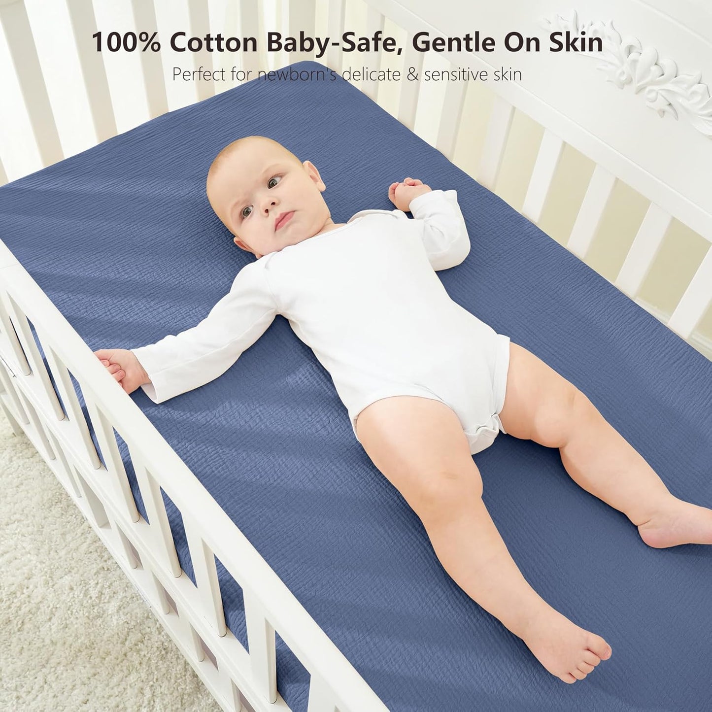 Bearmoss Muslin Crib Sheets 100% Cotton Baby Crib Sheets Fitted for Standard Crib Mattress & Toddler Bed Mattress 52"x28" Soft Breathable Crib Sheet Neutral for Boys Girls - 2 Pack (Blue Elephant)