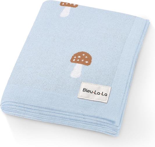 Mushroom Baby Blanket for Boys 100% Cotton Buttery Soft Cozy Receiving Swaddle Crib Stroller Blanket for Shower Gift Registry for Newborns, Infants, Toddlers (Mushroom - Blue)