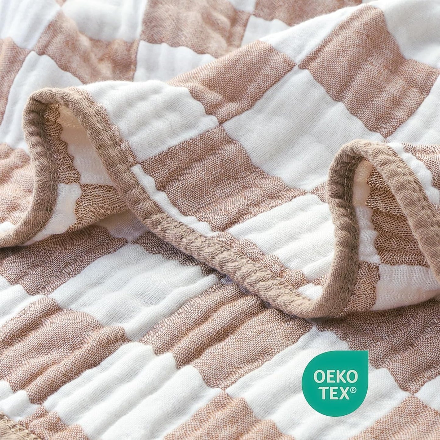 Ultra Soft Muslin Baby Blanket Neutral Versatile 6 Layers Swaddle and Bed Blanket for Babies, Toddlers, Boys or Girls Coffee Checkered 43 x 43 Inches
