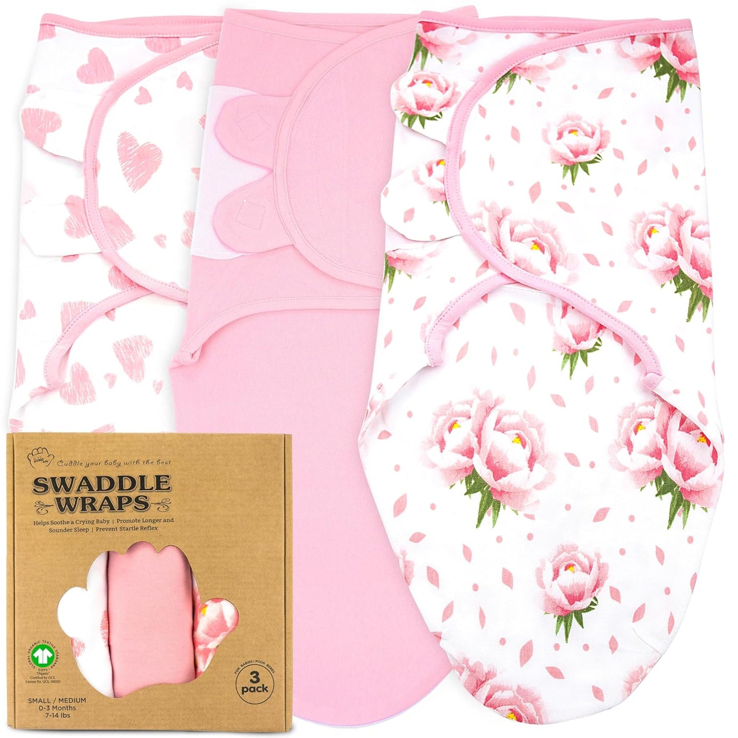Bublo Baby Swaddles for Newborns – 3-Pack Infant Swaddles 0-3 Months – Adjustable Swaddle Sleep Sack – Soft Organic Cotton Baby Wrap for Safe & Cozy Sleep (Hearts-Flowers)