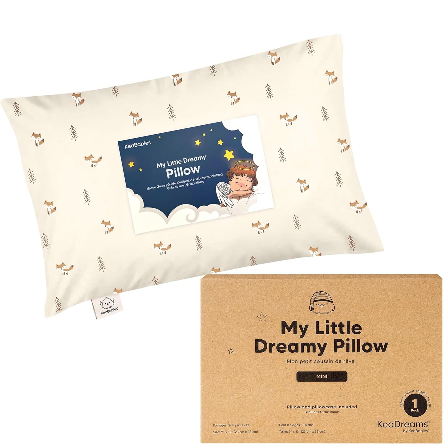 Mini Toddler Pillow with Pillowcase - 9x13 My Little Dreamy Travel Kids Pillow for Sleeping, Toddler Bed, Small, Tiny, Organic Cotton Pillowcase, Soft & Breathable, Kids 2-4 Years Old (Fox Tales)