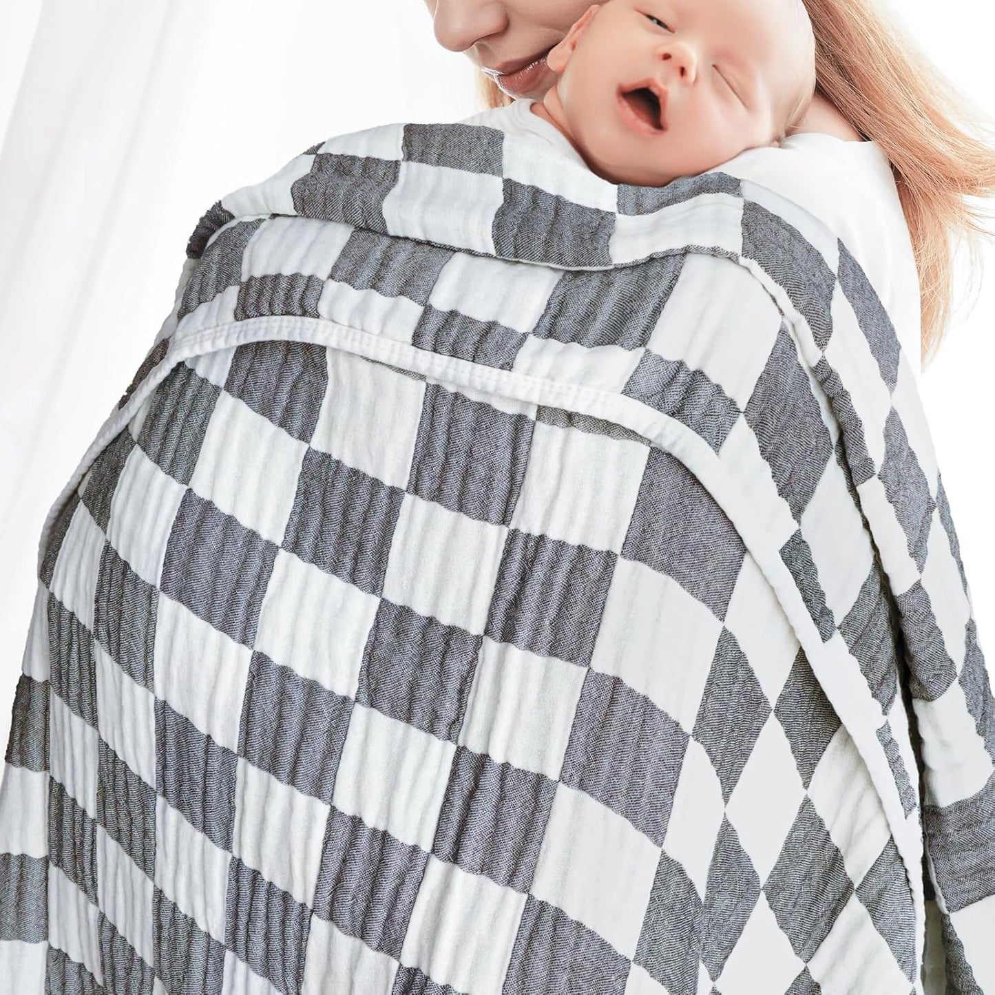 Muslin Swaddle Blankets for Baby Boys or Girls Breathable and Skin-Friendly 6 Layers Gauze Receiving Blankets Grey Chessboard 43 x 43 Inches