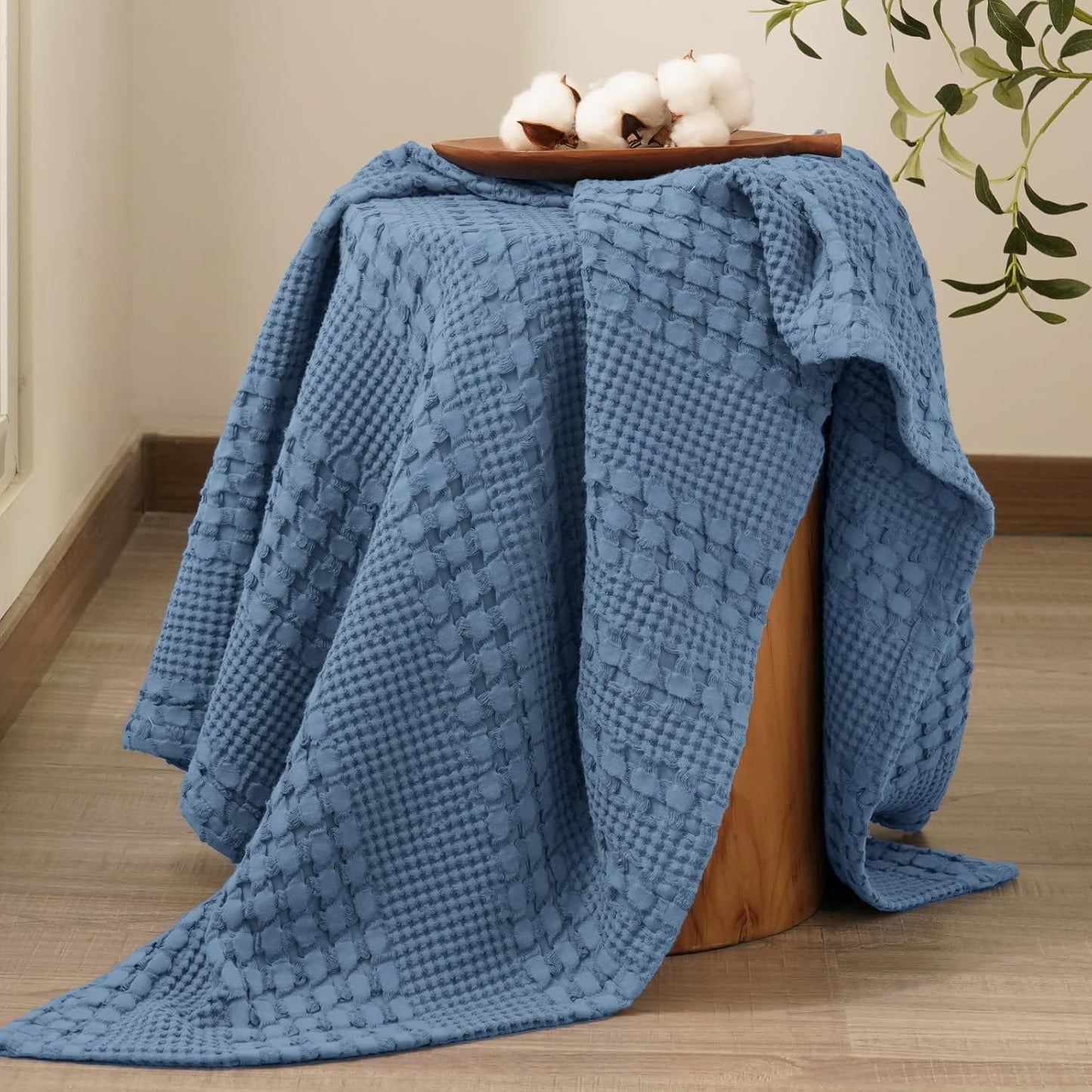 PHF 100% Cotton Waffle Weave Throw Blanket, Soft Lightweight Breathable Cozy Summer Throws for Couch Bed Sofa, Luxury Aesthetic Woven Blanket for Home Decor & Office, 50"x60", Captain's Blue
