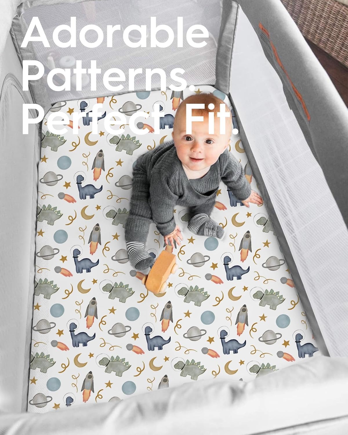 Graco Pack and Play Sheets Fitted, TotBasic Ultra Soft Mini Crib Sheets Boy, Neutral Pack N Play Mattress Sheets Hypoallergenic and Soothing, Premium Jersey Playrad Sheets, 2 Pack (Dino Space)