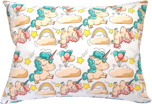 Toddler Pillowcase 13 x 18 Cotton Unicorn Pillows - Small Pillow Cases for Travel Pillows, Toddler Pillowcase Character - Green Unicorn with Balloons