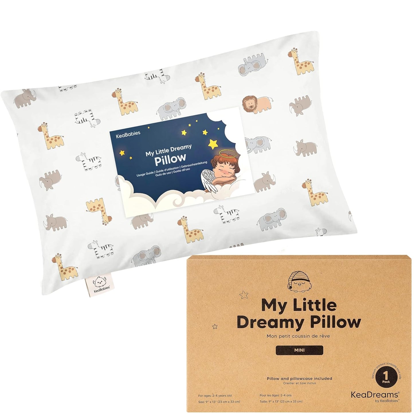 Mini Toddler Pillow with Pillowcase - 9x13 My Little Dreamy Travel Kids Pillow for Sleeping, Toddler Bed, Small, Tiny, Organic Cotton Pillowcase, Soft & Breathable, Kids 2-4 Years Old(Safari Echo)