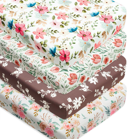 4 Pack Baby Girl Crib Sheets Set Soft Fitted Floral or Elephant Theme Baby Girl Mattress Covers Breathable Toddler Bed Sheets for Infant or Newborn Girls (Flower, Crib Sheets)