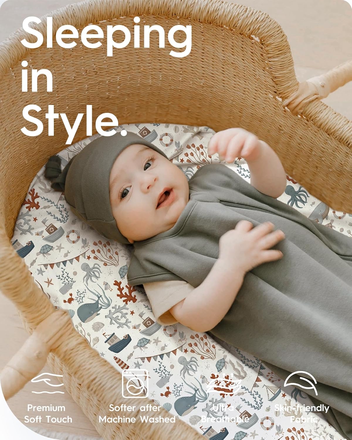 Bassinet Sheets for Baby Boy Girl, TotBasic Buttery Soft Universal Bassinet Fitted Sheet, Compatible with Halo, Mika Micky, Baby Delight, Dream On Me, Maxi COSI and More Bassinet Mattress(Dino&Whale)