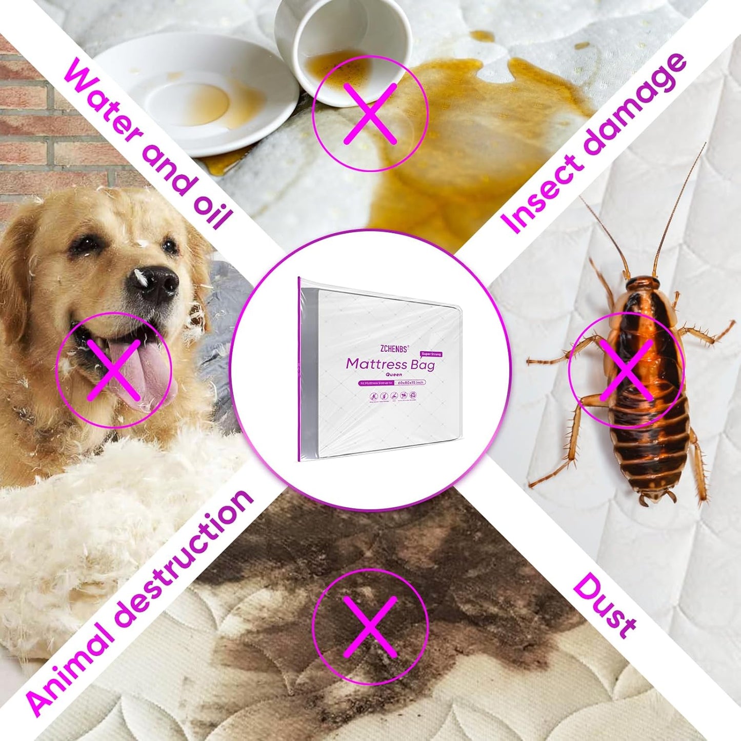 ZCHENBS® – Mattress Bags for Moving and Storage,Mattress Bag with Zippers,5 Mil Ultra-Thick Bed Bag,Waterproof,Anti-Tear,Heavy-Duty Mattress bag (Tansparent/Purple, Queen-(1 Pack))