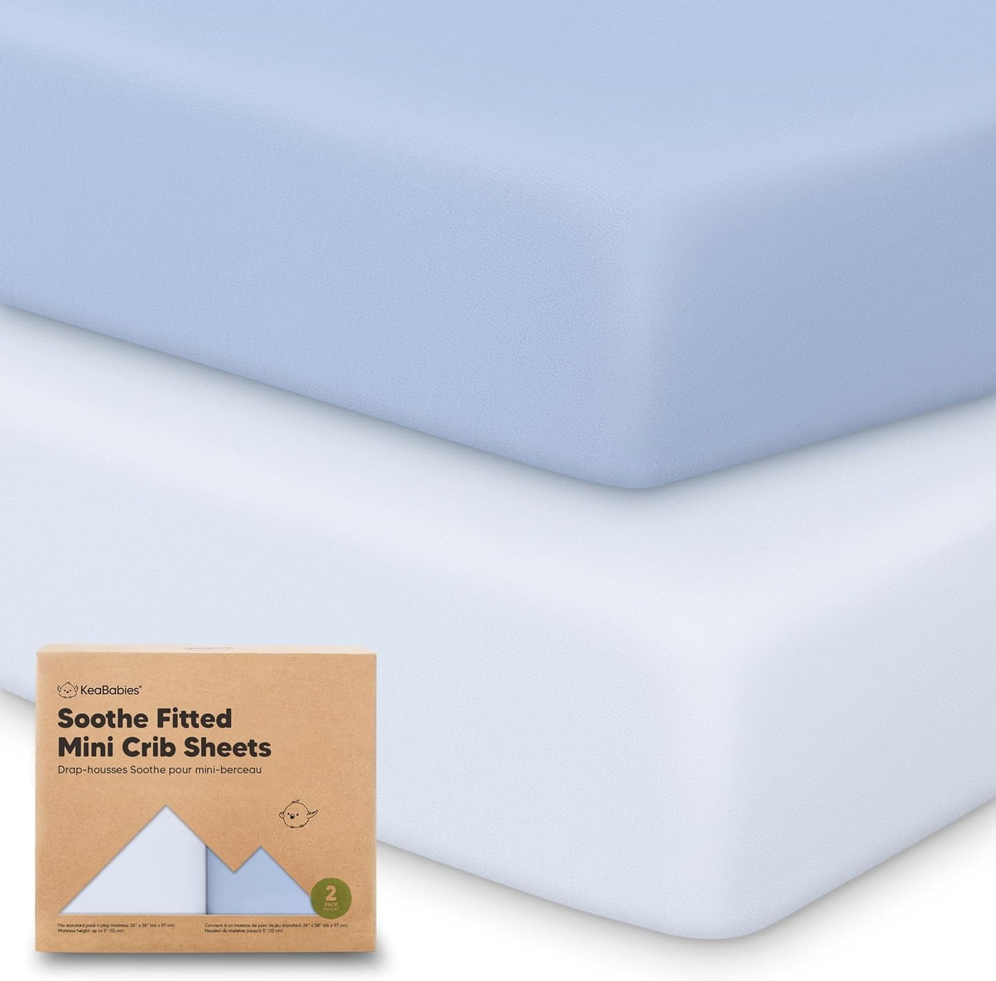 2-Pack Mini Crib Sheets Fitted - 38x26 Pack N Play Sheets for Pack and Play Mattress, Organic Cotton, Soft & Breathable Playard Bedding, Neutral Mini Toddler Bed Cover for Boys, Girls (Blue Flax)