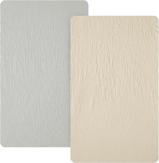 david's kids Muslin Mini Crib Sheets, 2 Pack Cotton Pack N Play Sheets for Boys Girls Neutral, Soft Breathable Baby Sheets Fit Pack N Play, Playard and Mini Crib Mattresses, Oat Milk & Light Gray