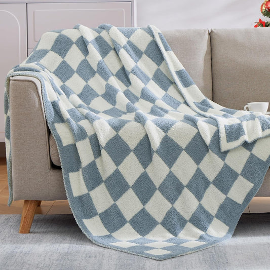 WRENSONGE Checkered Throw Blanket, Grey Blue Soft Cozy Fluffy Warm Hand Made Throw Blankets for Couch, Sofa, Chair, Bed, Camping, Picnic, Travel Lightweight Bed Blanket - 60"*80"