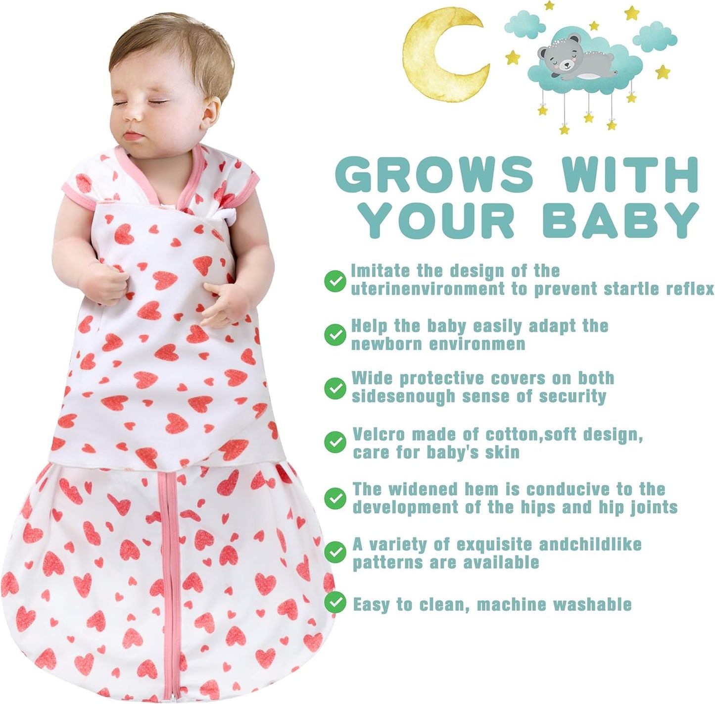 Newborn Sleep Sack Baby Swaddle,Swaddle me 6-12 Month,3-Way Adjustable Wearable Blanket,100% Rayon Cotton Swaddling Sleeping Bag，TOG 0.5 (Love, 6-12 Months)