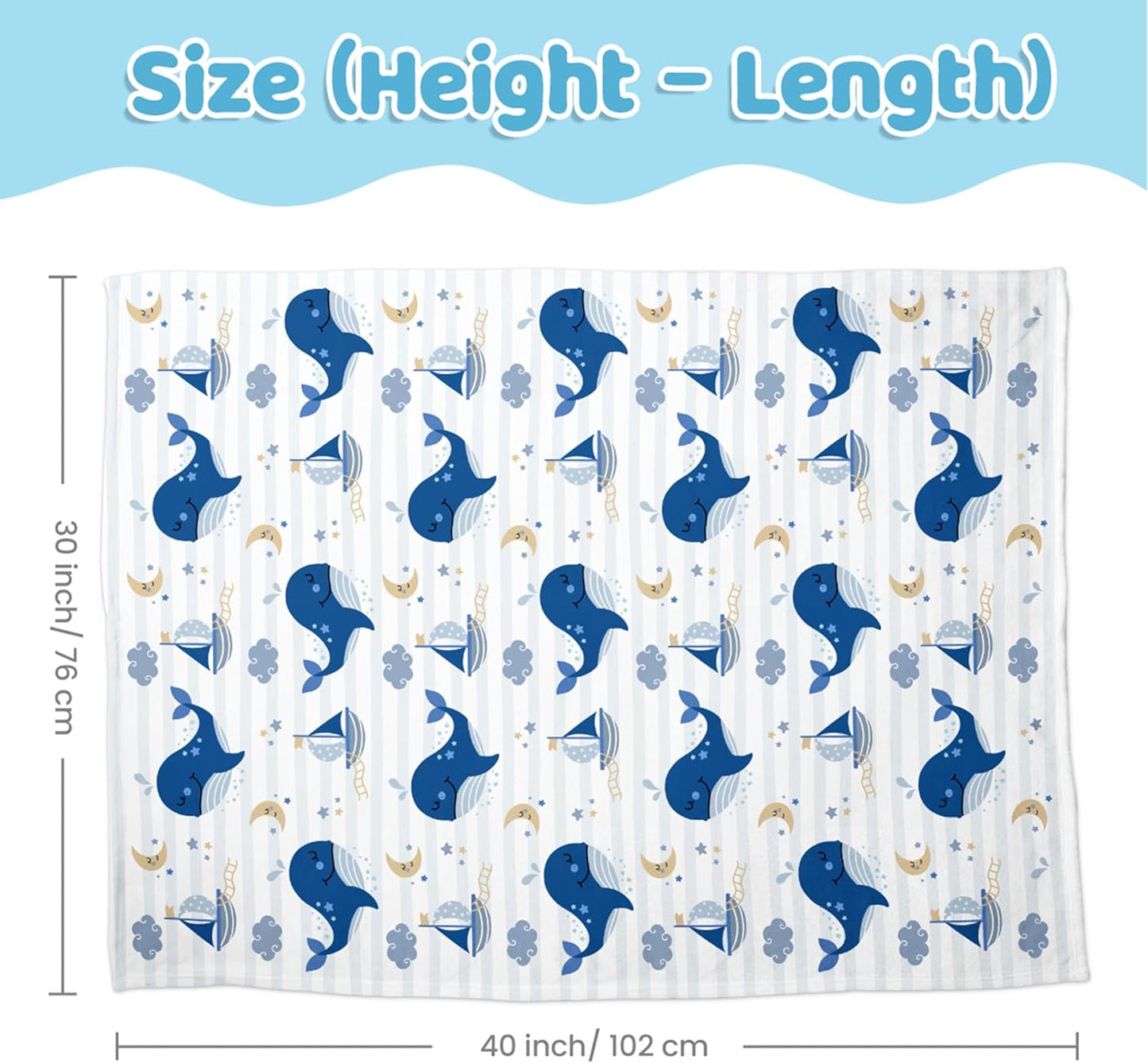 Whale Kid Blanket for Boys or Girl 30x40 - Soft Kids Throw Minky Blankets with Dotted Backing - Nursery Crib Blanket