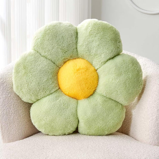 Green Flower Shaped Throw Pillow with Faux Rabbit Fur, 14.9" Soft Plush Throw Pillow for Bedroom Living Room