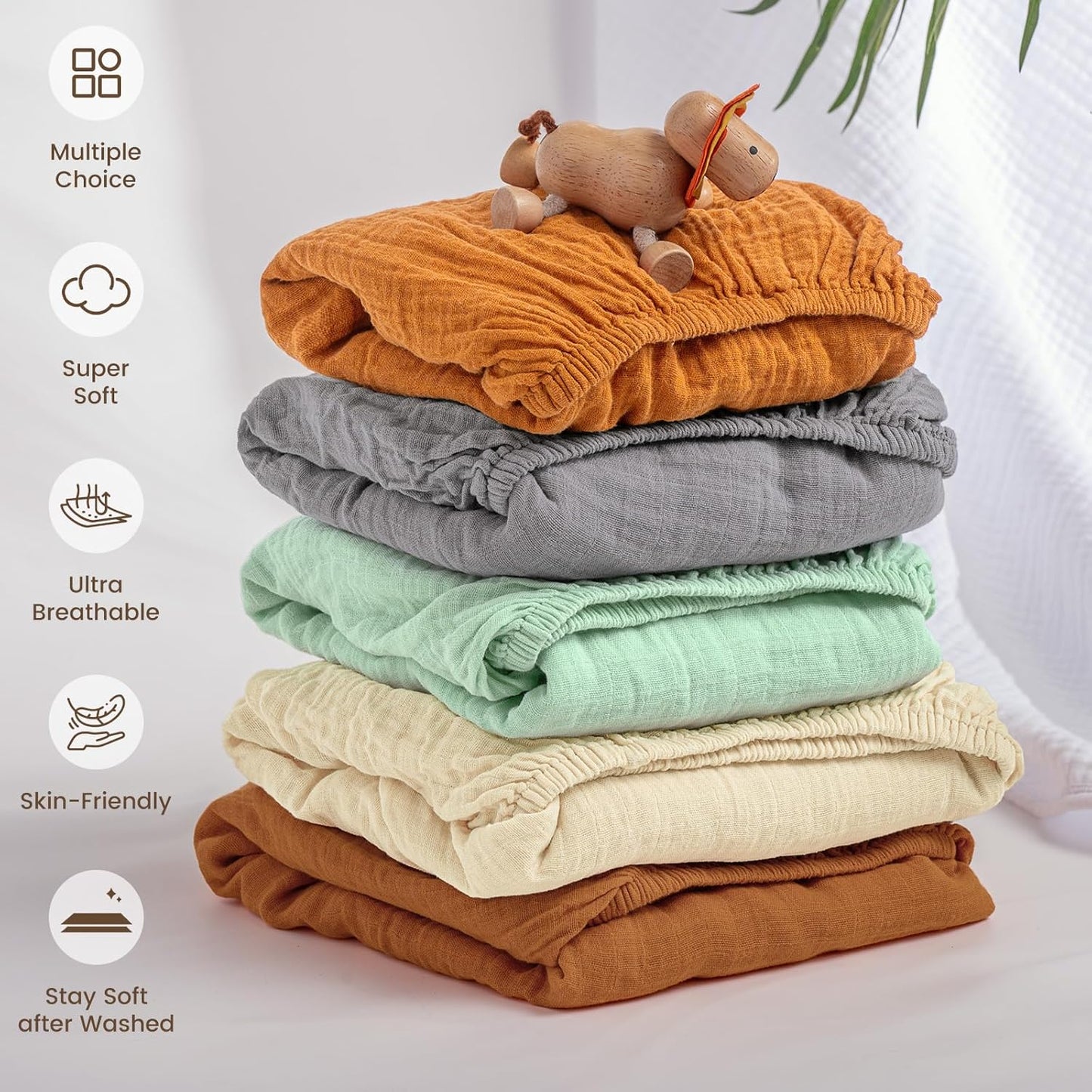 david's kids Muslin Crib Sheets for Boys Girls, 2 Pack 100% Cotton Soft Breathable Fitted Baby Sheet Set, 28x52 Inch Fits Standard Crib and Toddler Mattresses, Beige & Green