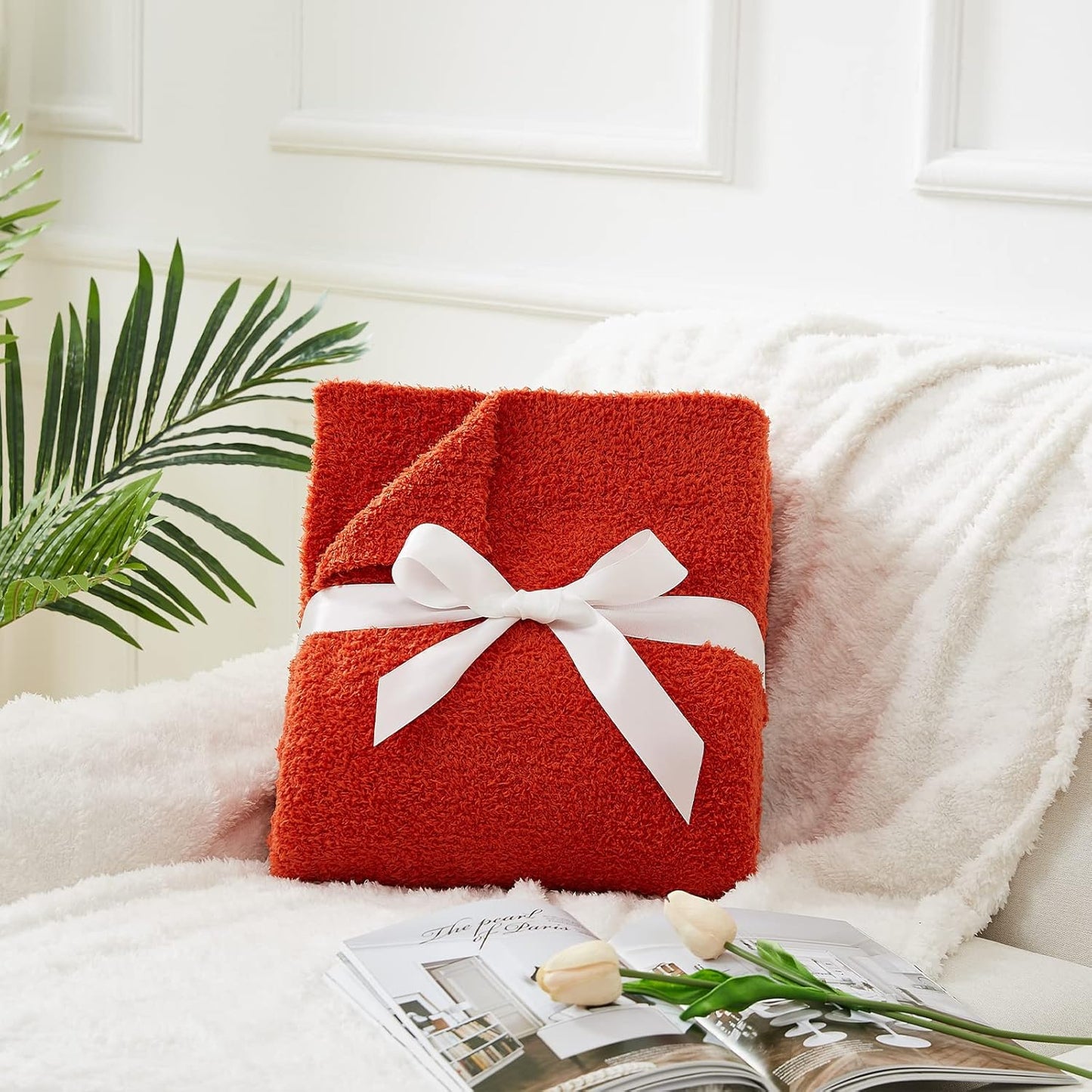 CYMULA Knit Fall Throw Blanket for Couch Orange-Super Soft Lightweight Plush Fuzzy Fluffy Cozy Blankets and Throws for Sofa Bed, 50x60 inches