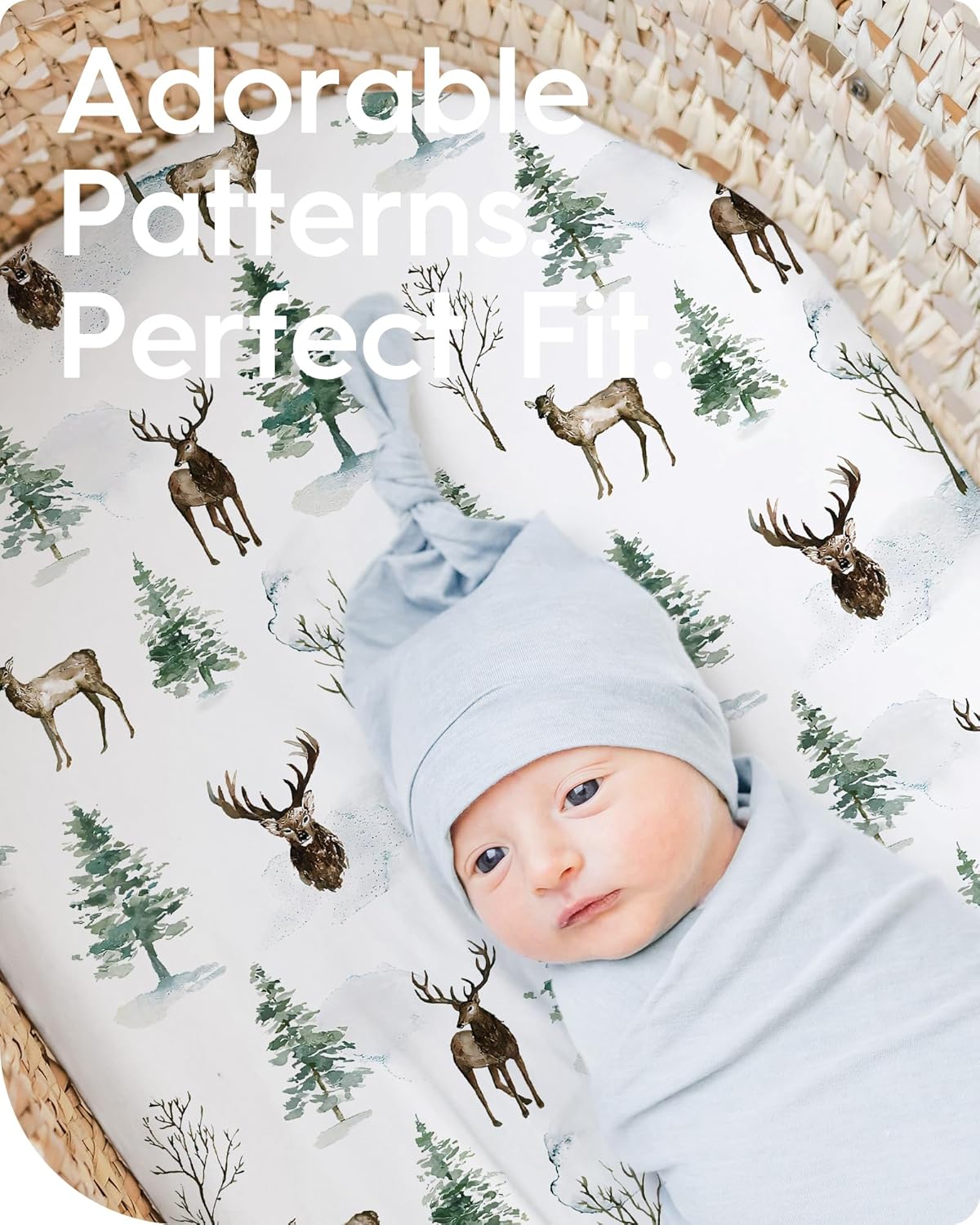 Bassinet Sheets for Baby Boy Girl, TotBasic Buttery Soft Universal Bassinet Fitted Sheet, Compatible with Halo, Mika Micky, Baby Delight, Dream On Me, Maxi COSI and More Bassinet Mattress(Bear&Deer)