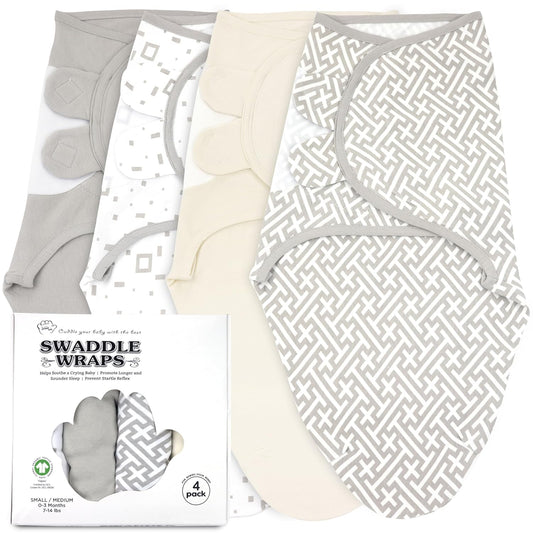 Bublo Baby Swaddles for Newborns – 4-Pack Infant Swaddles 0-3 Months – Adjustable Swaddle Sleep Sack – Soft Organic Cotton Baby Wrap for Safe & Cozy Sleep (Geometric Grey-Cream)