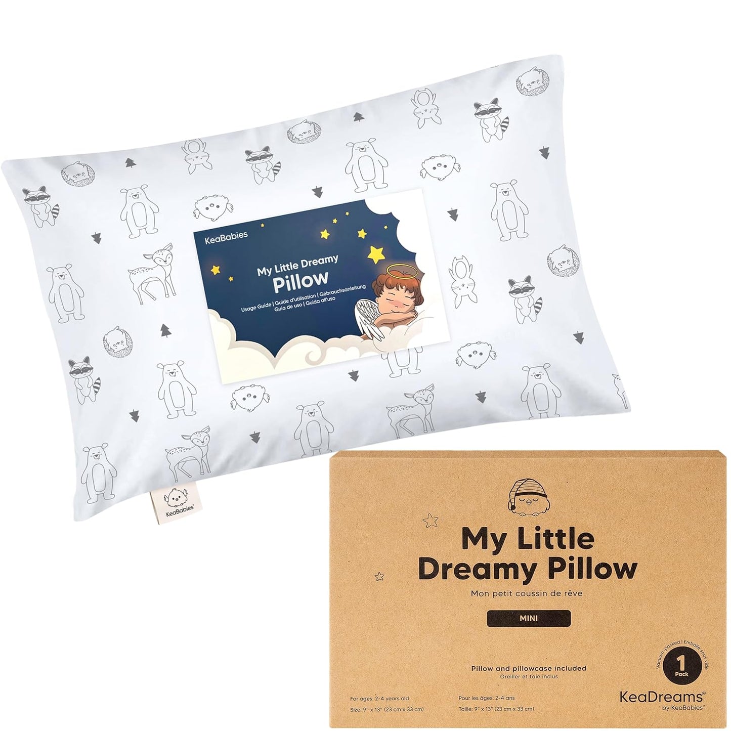 Mini Toddler Pillow with Pillowcase - 9x13 My Little Dreamy Travel Kids Pillow for Sleeping, Toddler Bed, Small, Tiny, Organic Cotton Pillowcase, Soft & Breathable, Kids 2-4 Years Old (KeaFriends)