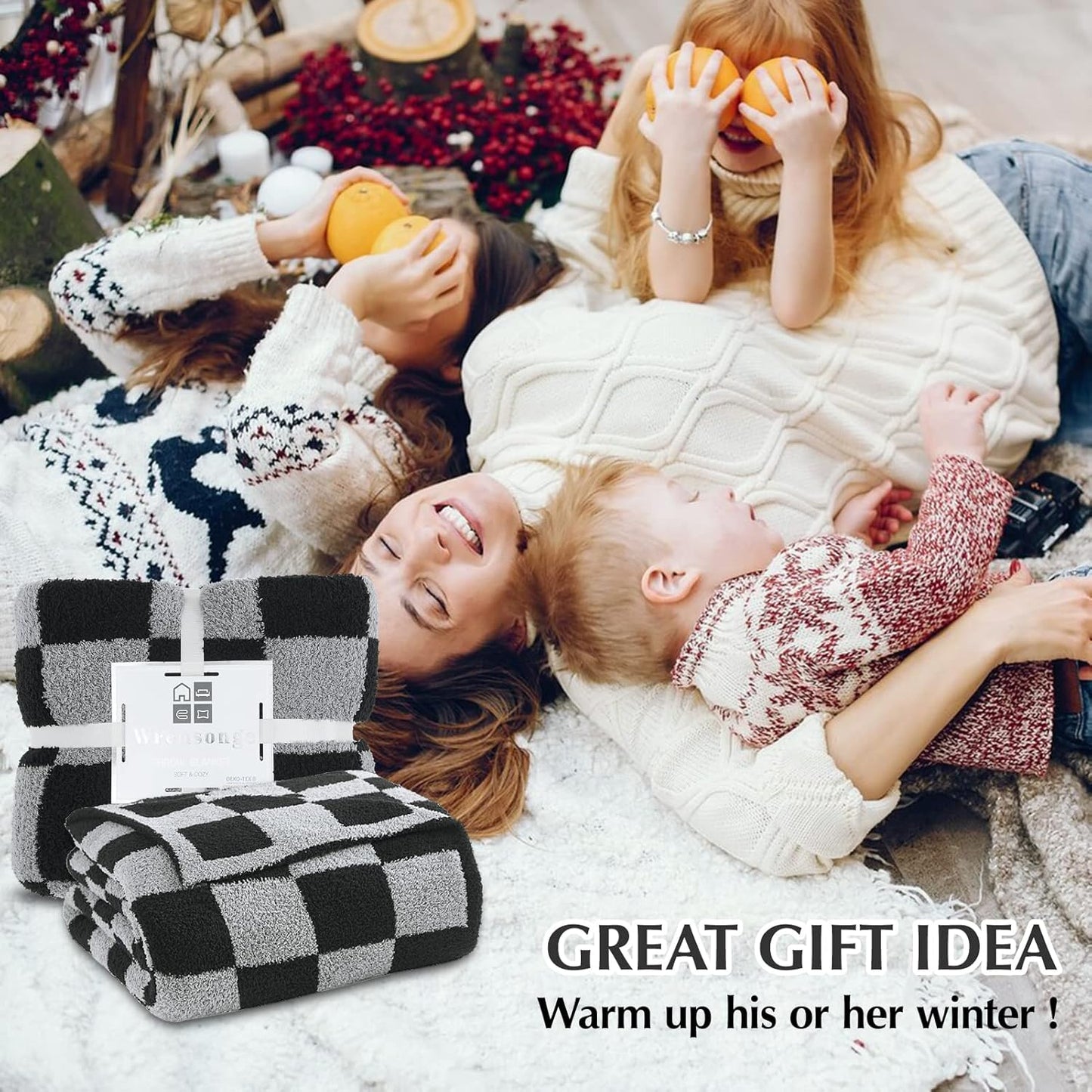 WRENSONGE Checkered Throw Blanket, Black Grey Checkered Soft Cozy Fluffy Warm Hand Made Weave Throw Blankets for Couch, Sofa, Chair, Bed, Picnic,Travel Lightweight Bed Blanket - 60 * 80