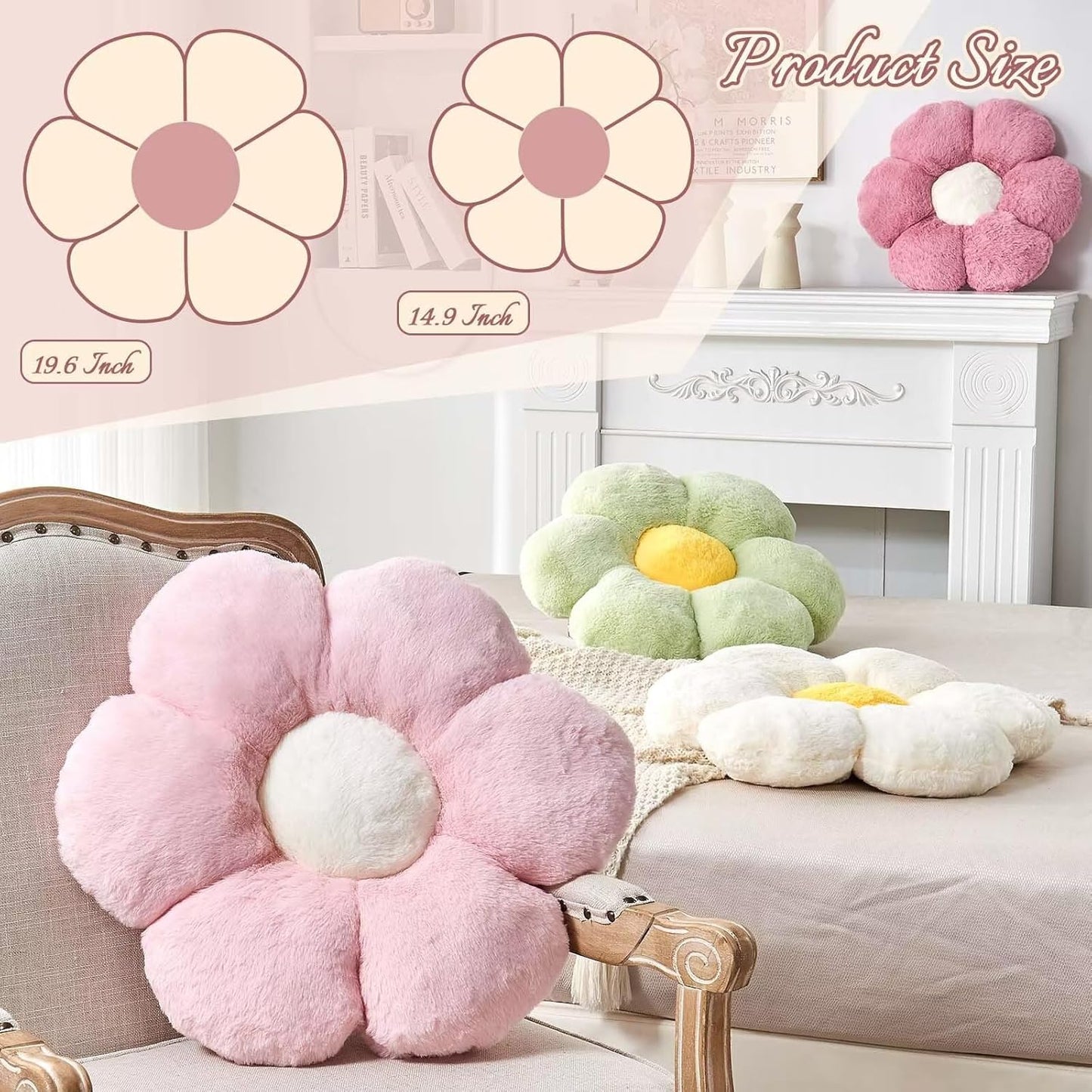 Beige Flower Pillow, Cute Decorative Flower Shaped Throw Pillow with Faux Rabbit Fur, 14.9" Soft Flower Plush Throw Pillow Floor Pillows Room Décor for Bedroom Living Room