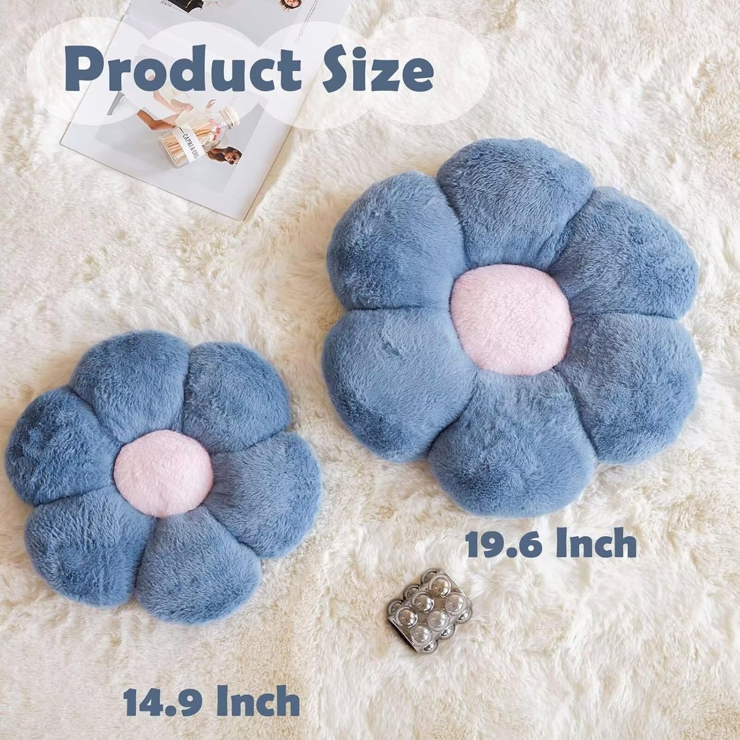 Dusty Blue Flower Shaped Throw Pillow with Faux Rabbit Fur, 14.9" Soft Plush Throw Pillow for Bedroom Living Room