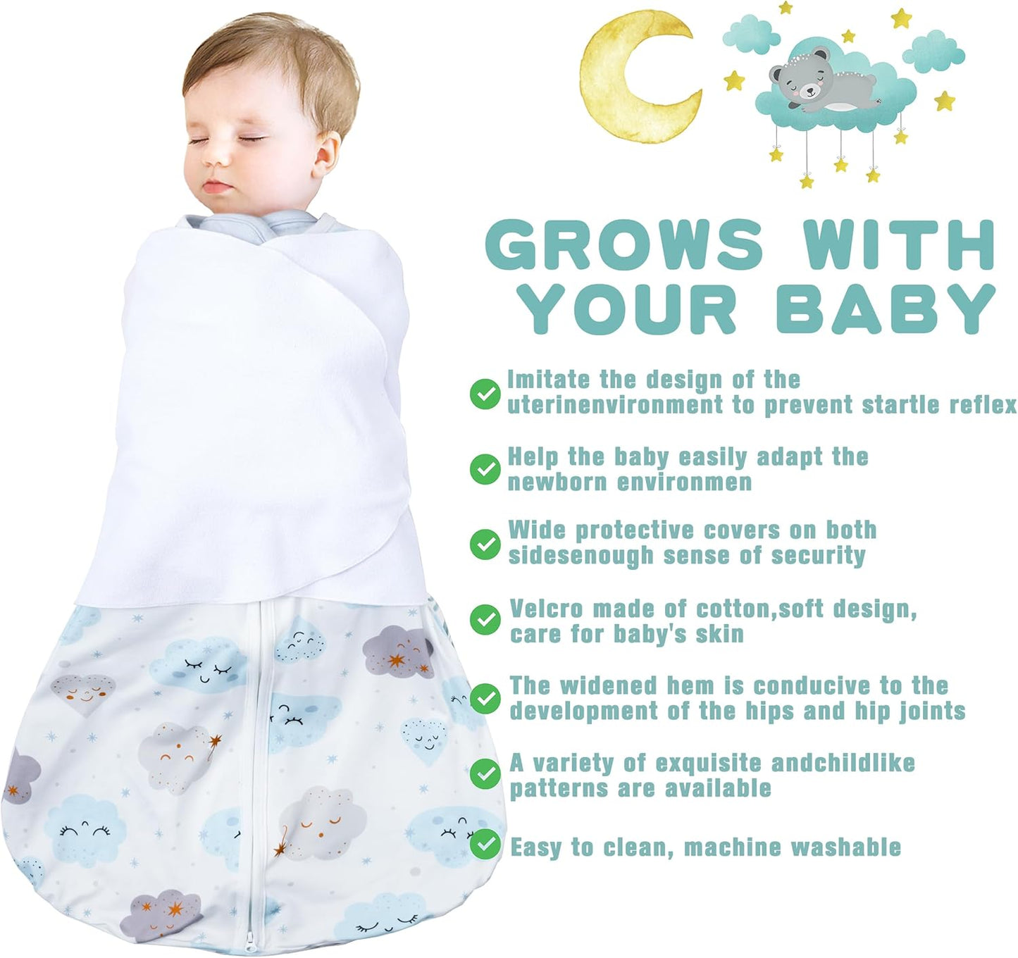 Newborn Sleep Sack Baby Swaddle,6-12 Months,3-Way Adjustable Wearable Blanket,100% Rayon Cotton Swaddling Sleeping Bag，TOG 0.5（Clouds&Starry Sky）